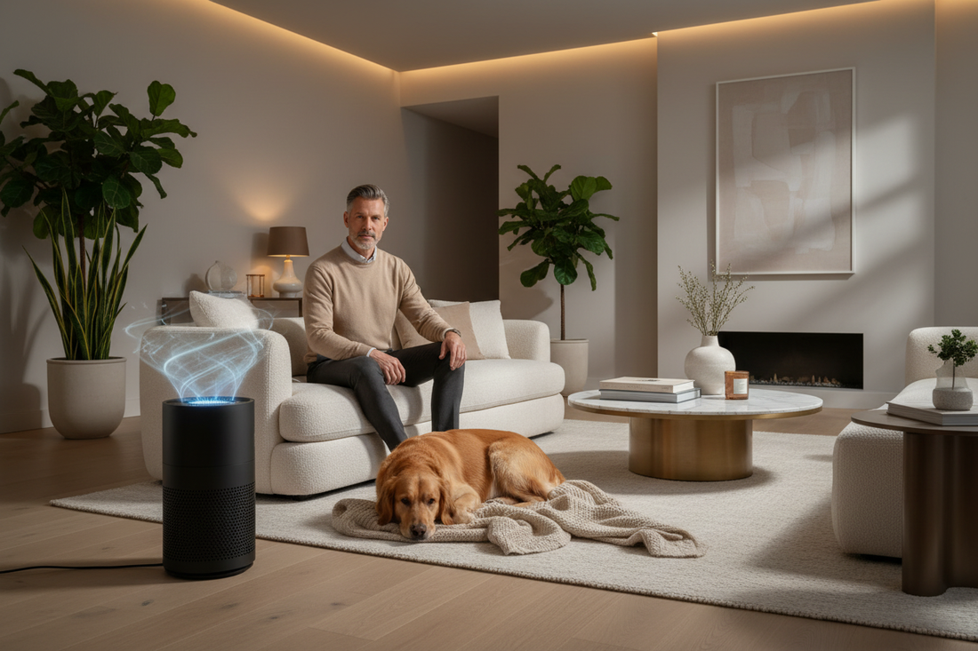 A man relaxing in a stylish living room with a smart air purifier running nearby
