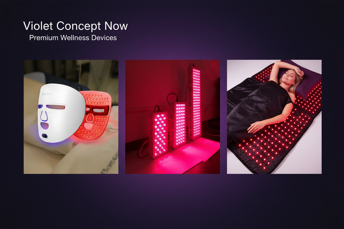 Violet Concept Now banner featuring a light mask, red-light panels, and a full-body light device
